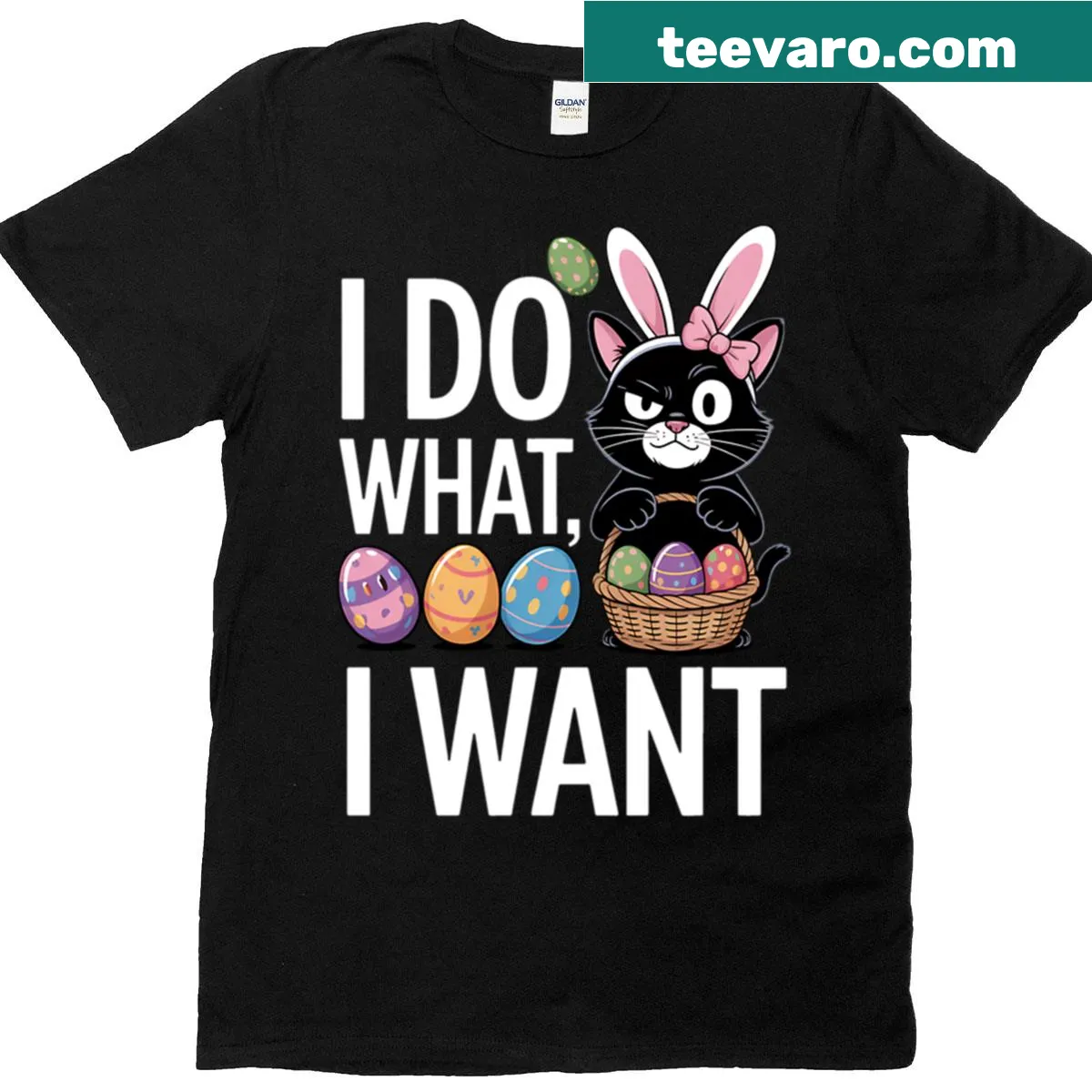 Funny Easter T-shirt with a bunny cat and 'I Do What I Want' text. — on a men's t-shirt