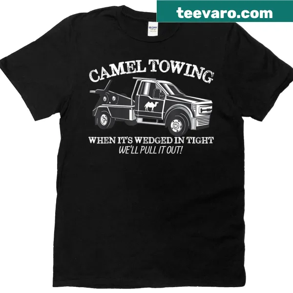 Humorous adult T-shirt featuring a camel towing a vehicle
