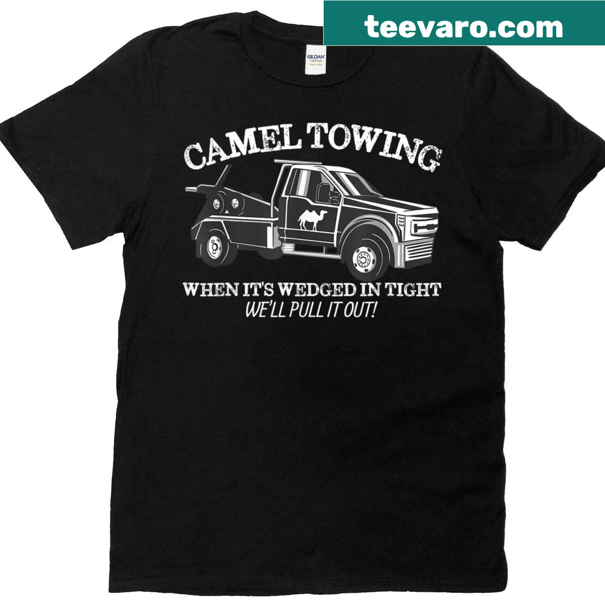 Humorous adult T-shirt featuring a camel towing a vehicle — on a men's t-shirt