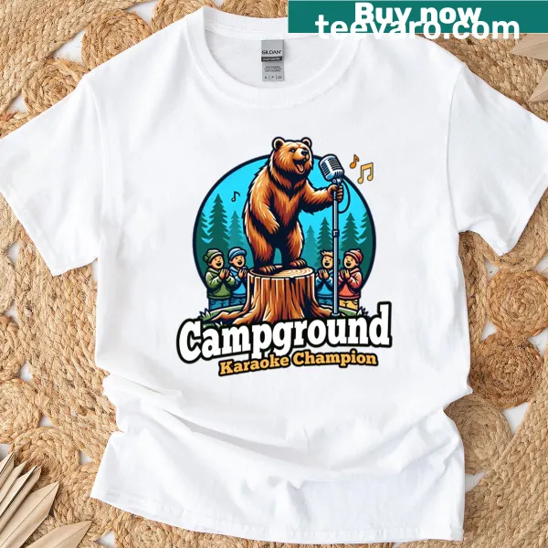 Illustrated singing bear on a camping theme T-shirt