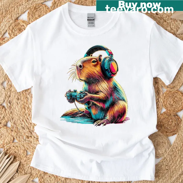 Funny capybara graphic with video game theme