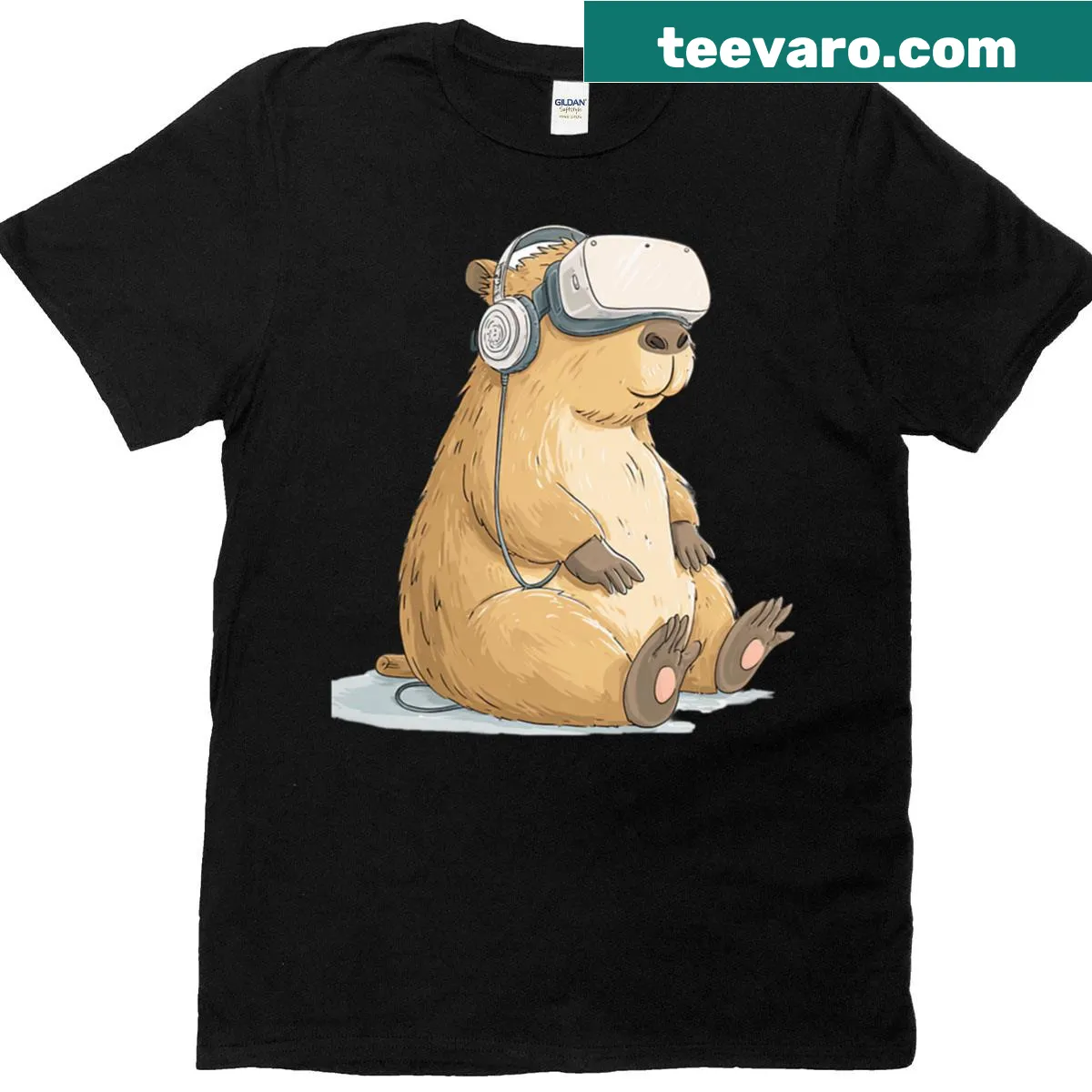 Cartoon capybara wearing a VR headset for a playful gaming design — on a men's t-shirt