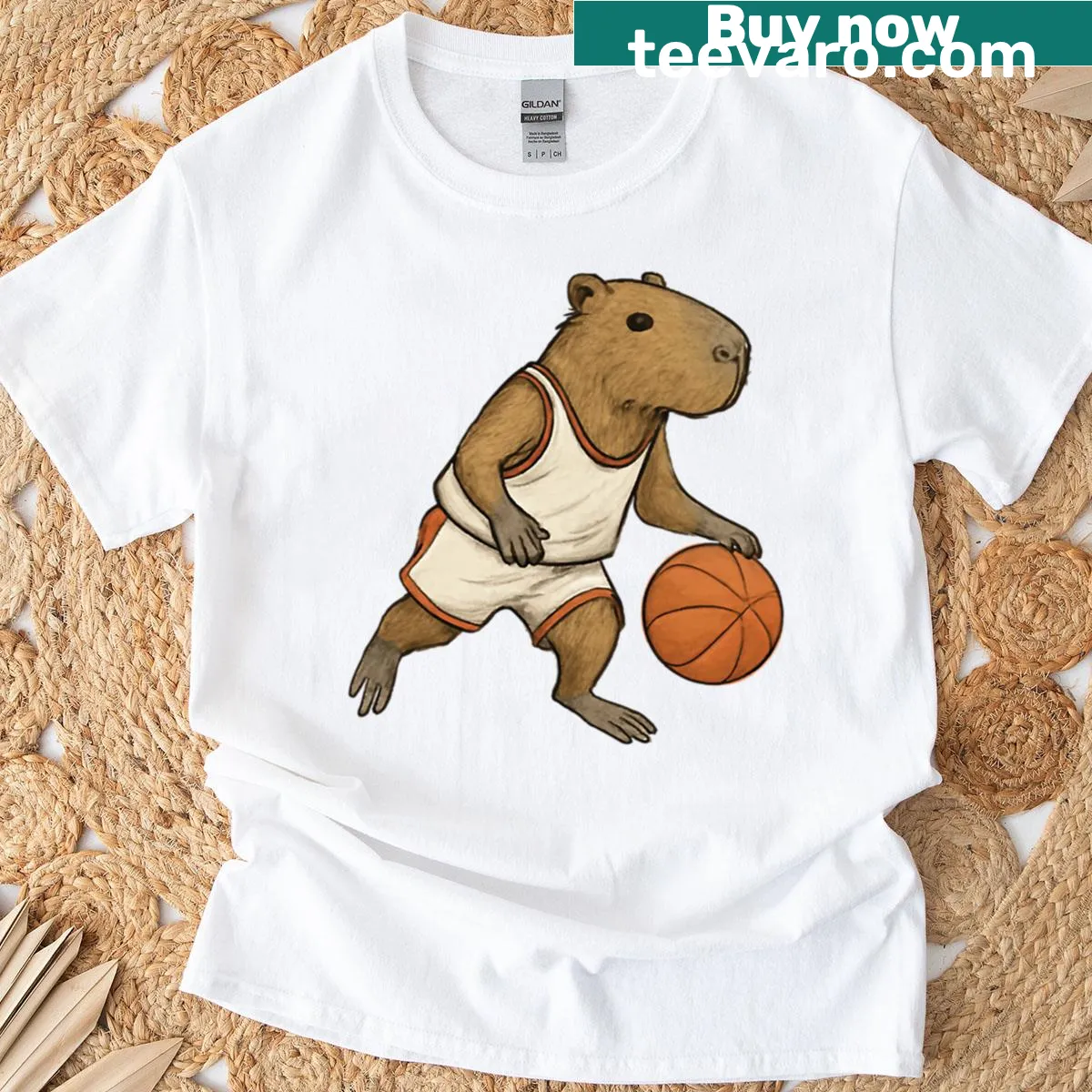 Capybara playing basketball in a humorous graphic on T-shirt — on a men's t-shirt