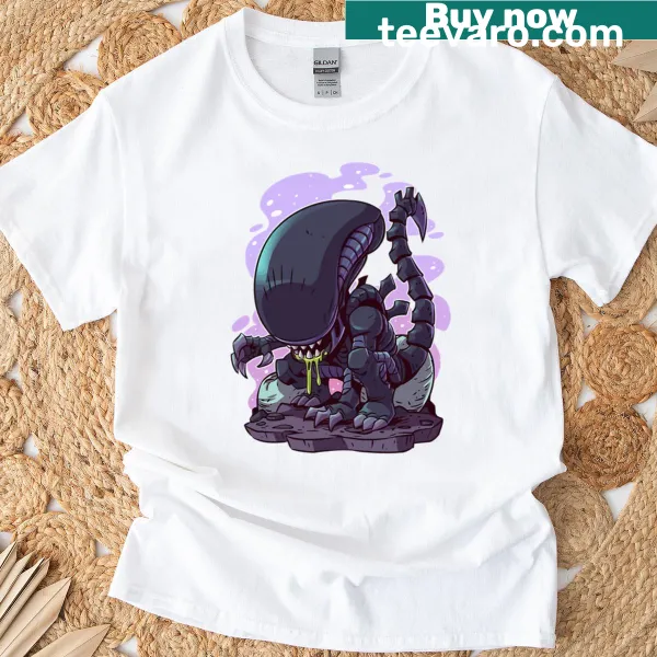 Playful cartoon alien monster graphic on oversized t-shirt