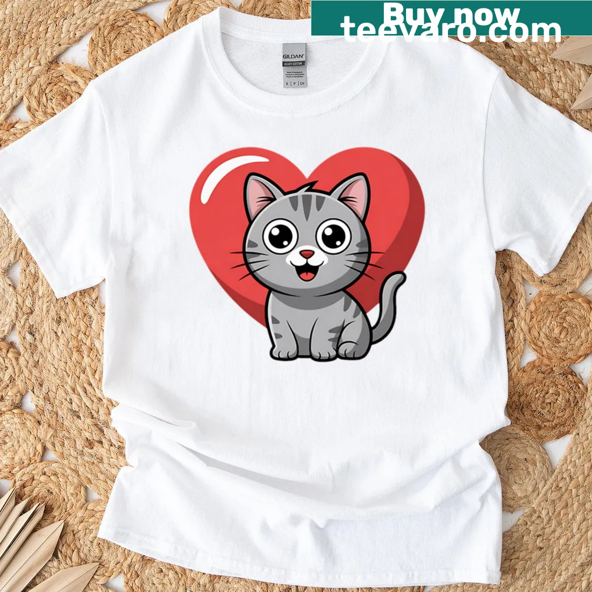 Oversized Valentine's Day Cat T-shirt with heart design — on a men's t-shirt