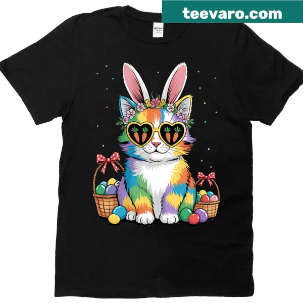 Funny Easter T-shirt with cat wearing bunny ears and carrot glasses
