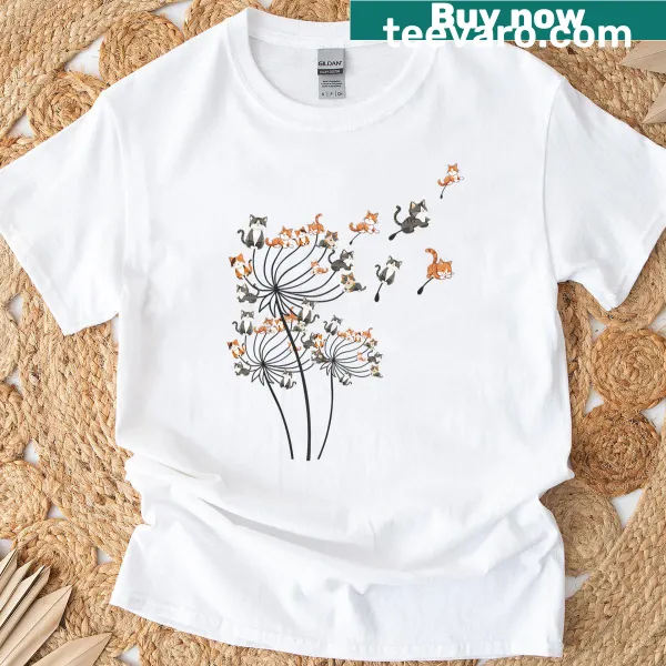 Cute dandelion T-shirt featuring playful cat illustrations for women.