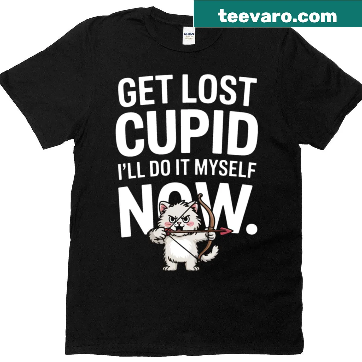 Funny t-shirt with a cat Cupid archer design for Valentine's Day. — on a men's t-shirt