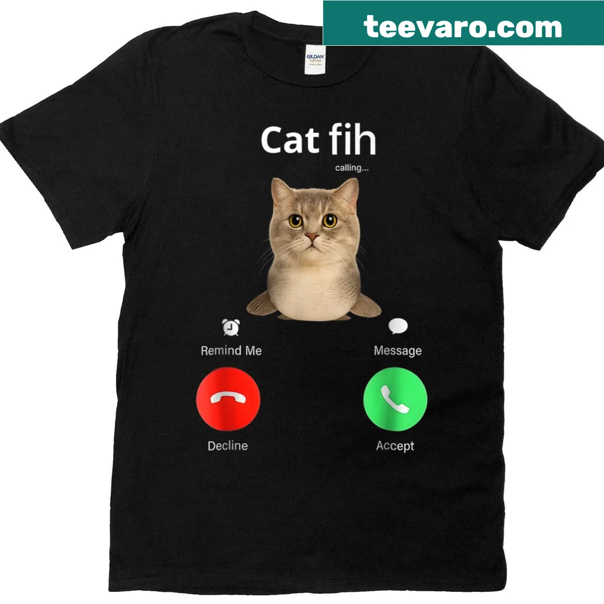 Playful Cat Fish T-shirt featuring a cat and fish graphic — on a men's t-shirt