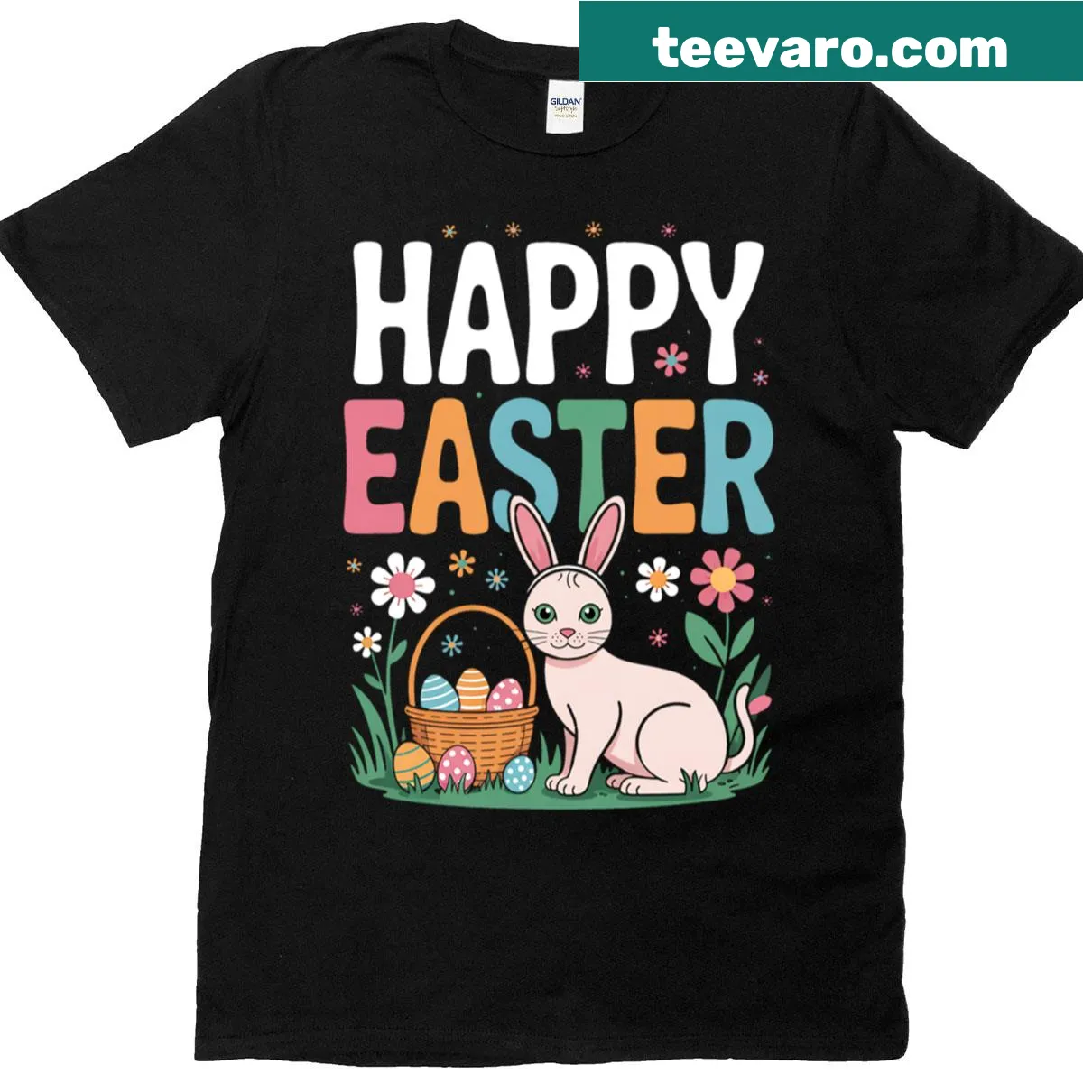 Easter T-shirt with Sphynx cat in bunny ears and egg graphic — on a men's t-shirt