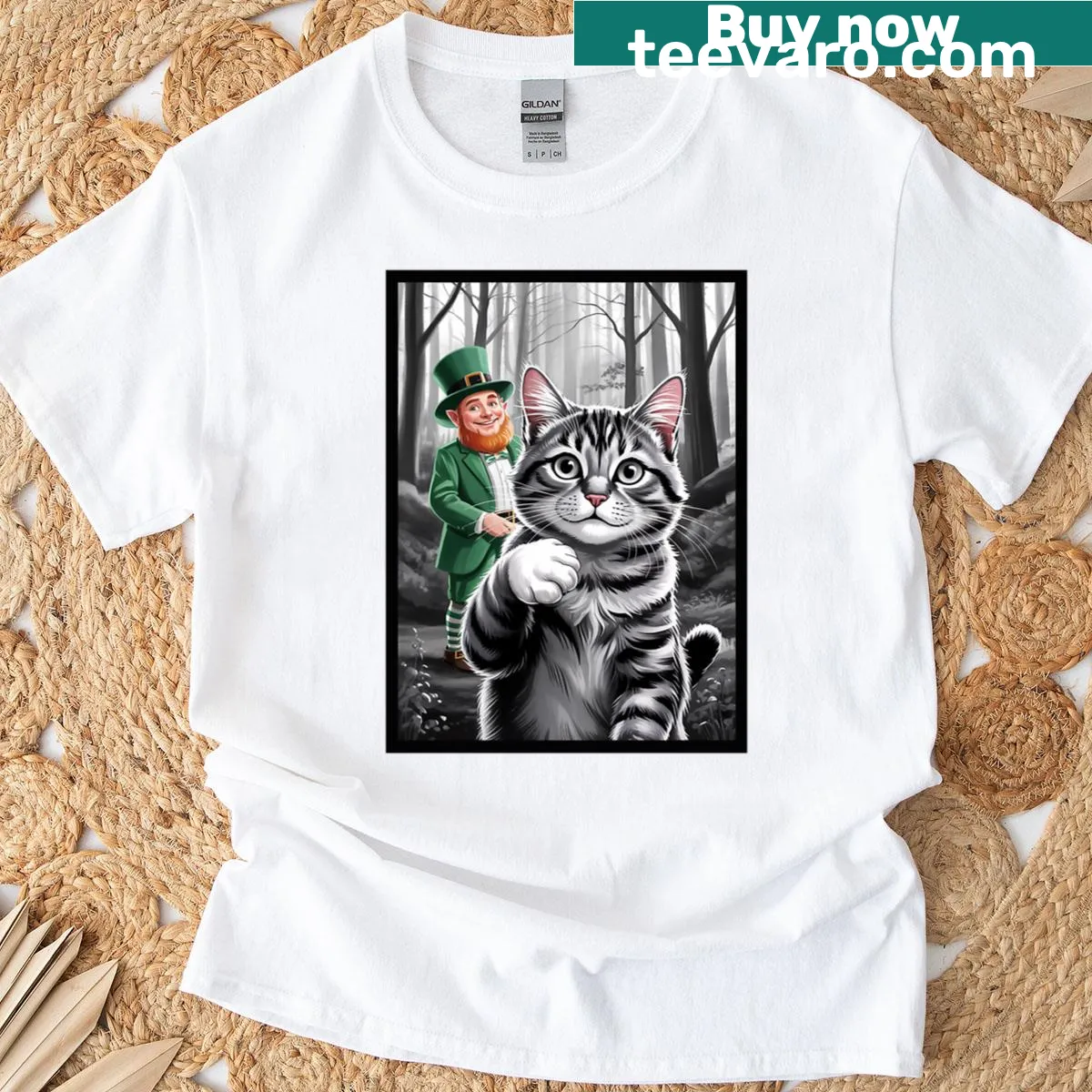 Funny cat leprechaun graphic on oversized t-shirt — on a men's t-shirt