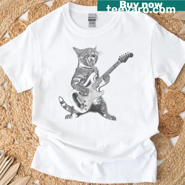 Cat playing guitar rock star T-shirt