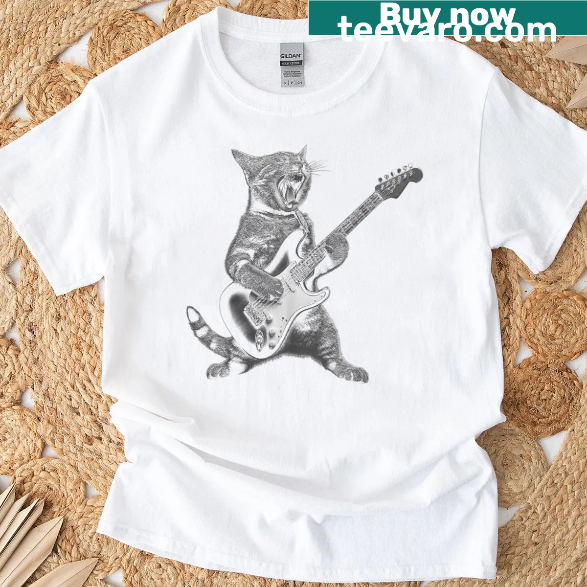 Cat playing guitar rock star T-shirt — on a men's t-shirt