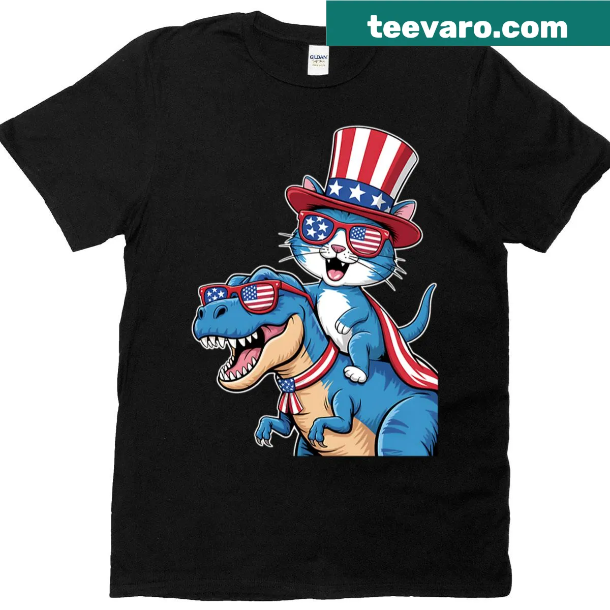 Cat riding a dinosaur with fireworks for Independence Day — on a men's t-shirt
