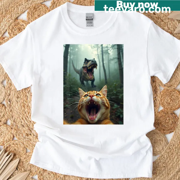 Whimsical cat and T-rex selfie graphic t-shirt