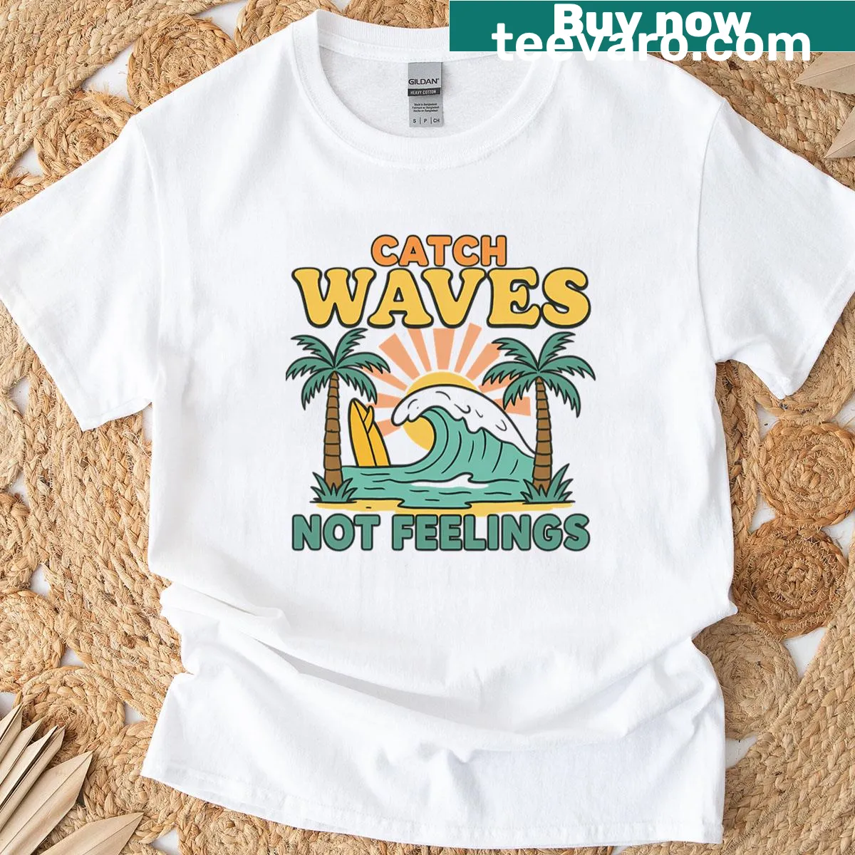 Funny surfing quote T-shirt with 'Catch Waves Not Feelings' text. — on a men's t-shirt
