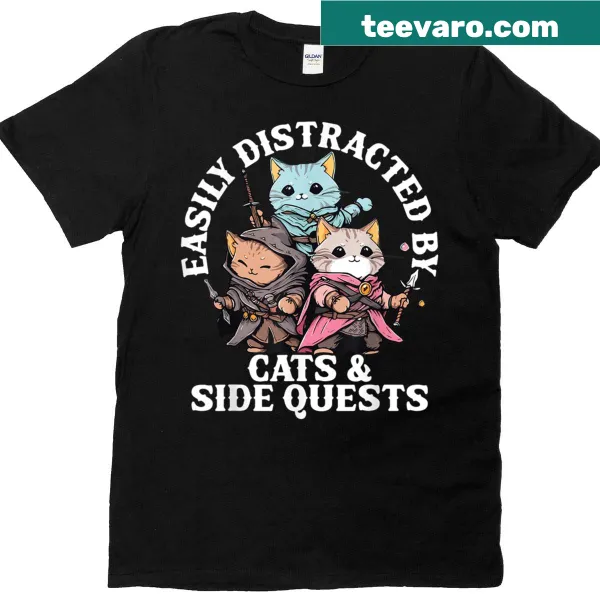 Funny gaming t-shirt featuring a distracted cat side quest illustration