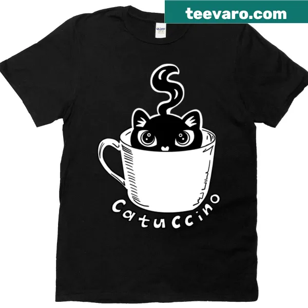 Cartoon cat-themed cappuccino t-shirt with whimsical design
