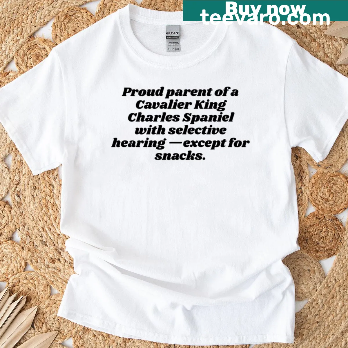 Funny sticker graphic of a Cavalier King Charles Spaniel on a t-shirt — on a men's t-shirt