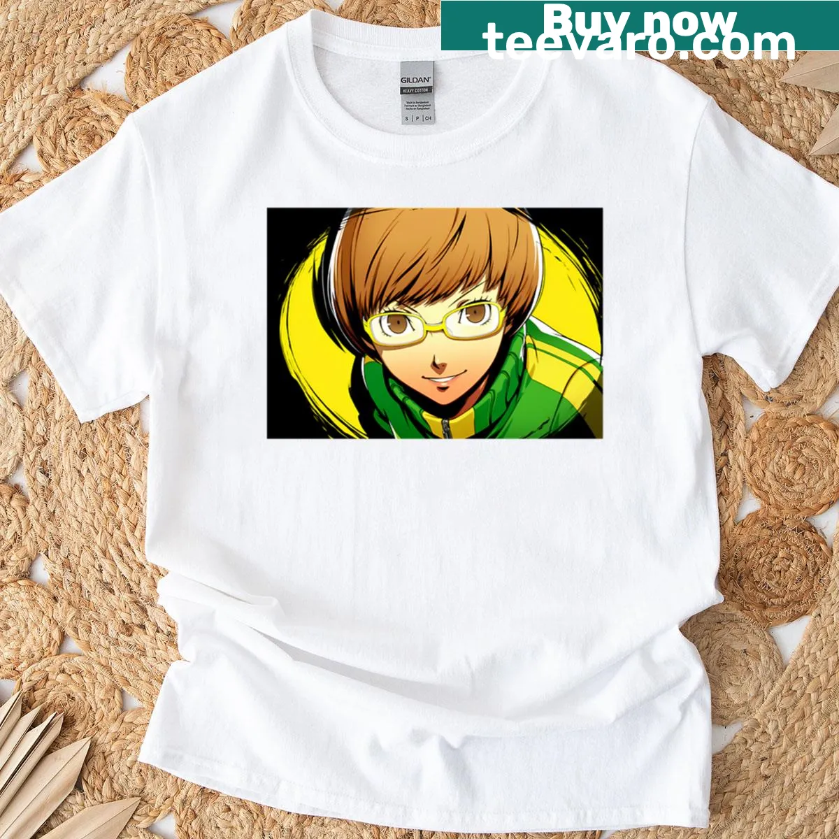Oversized Chie Satonaka graphic t-shirt from a video game — on a men's t-shirt