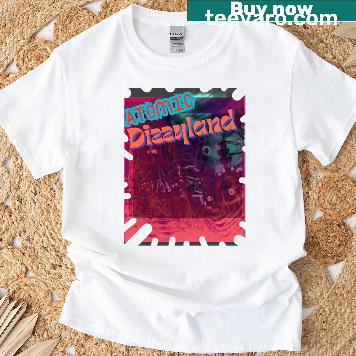 Playful carnival design T-shirt featuring Atomic Dizzyland graphics — on a men's t-shirt