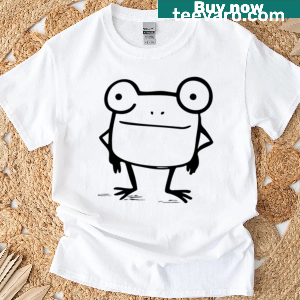 Minimalist line art of a confident cartoon frog — on a men's t-shirt