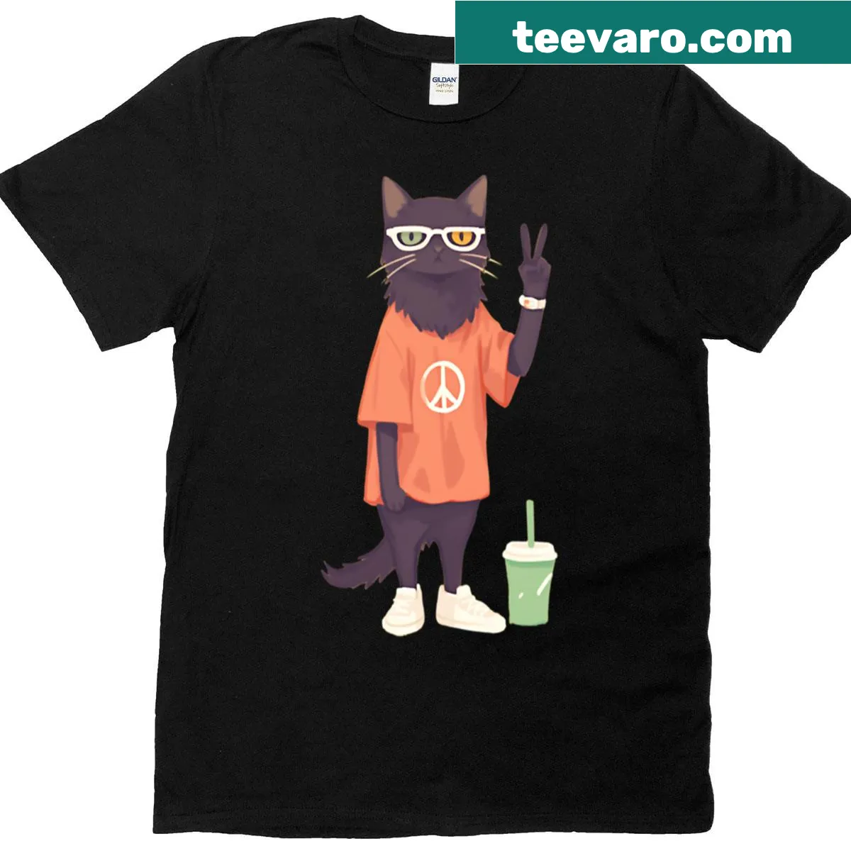 Retro black cat with peace sign printed on a summer vibes t-shirt — on a men's t-shirt