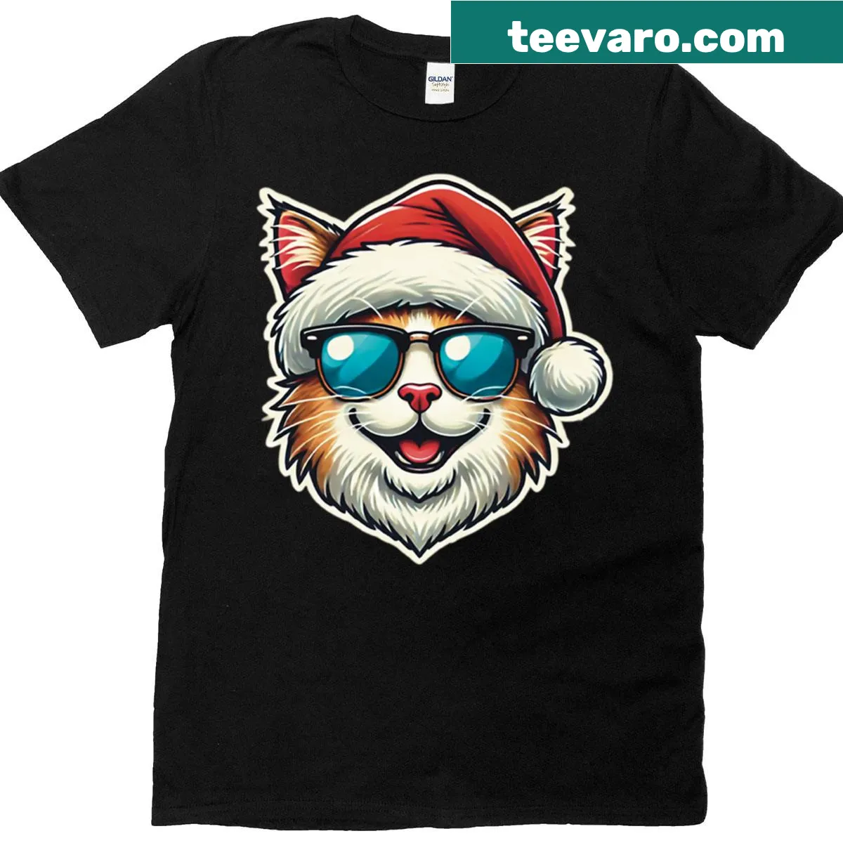 Christmas-themed T-shirt featuring a cat in a Santa hat and sunglasses. — on a men's t-shirt