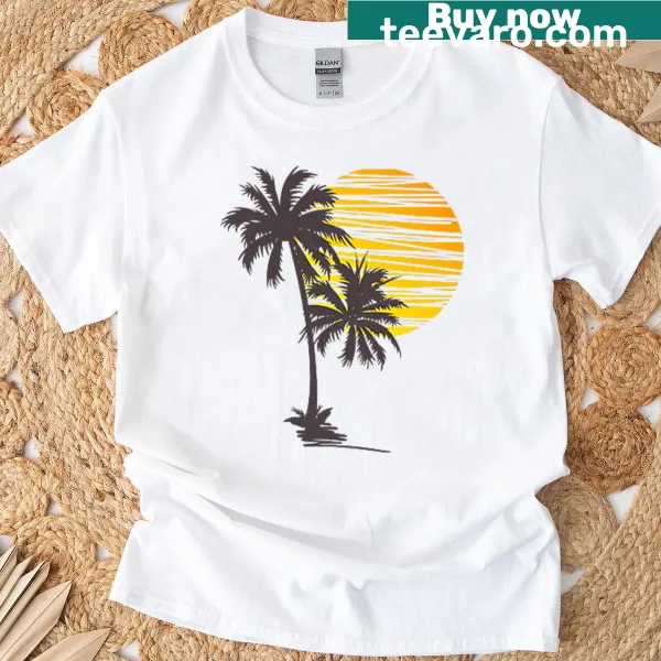 Beach scene graphic T-shirt with palm tree