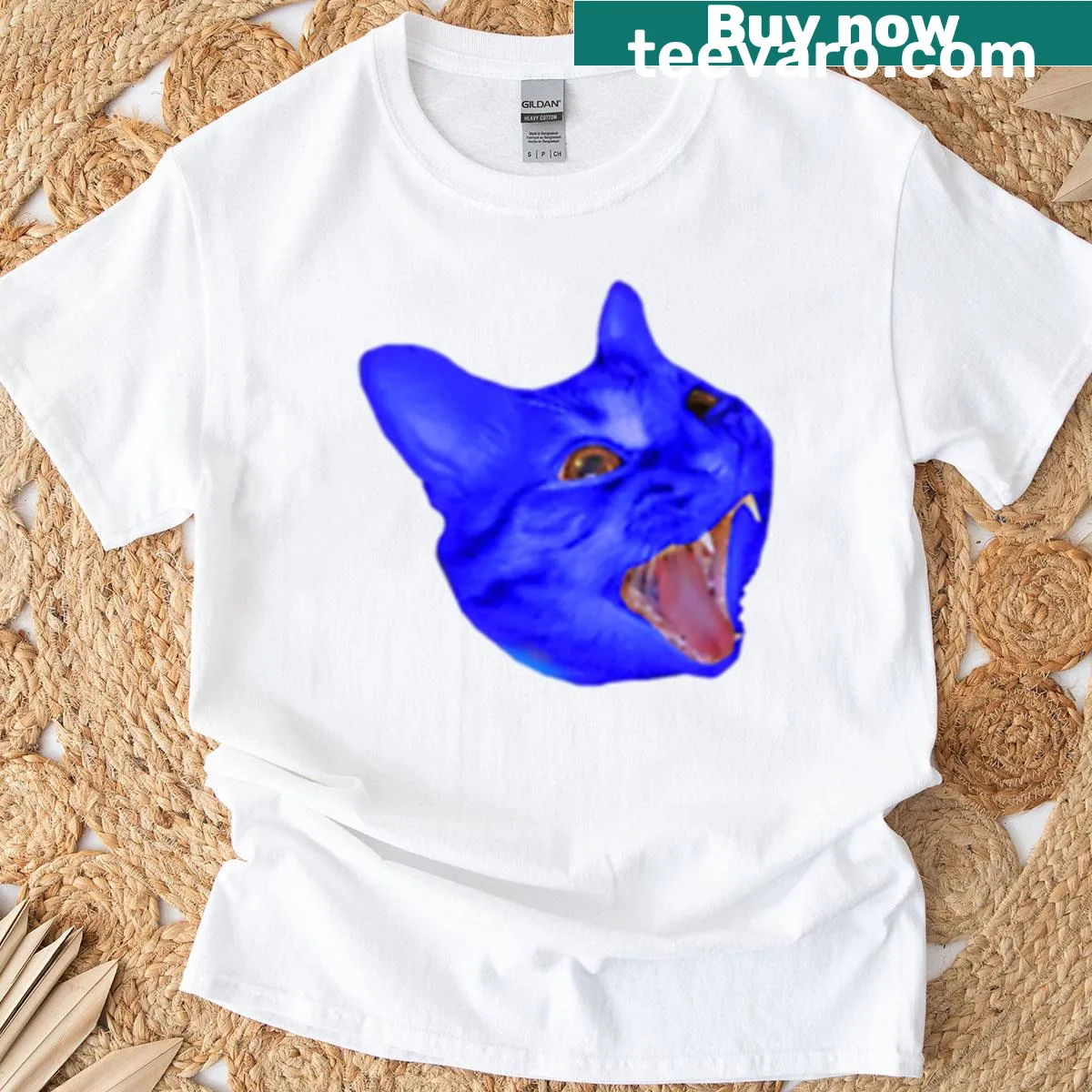 Funny blue cat head graphic t-shirt with humorous text — on a men's t-shirt