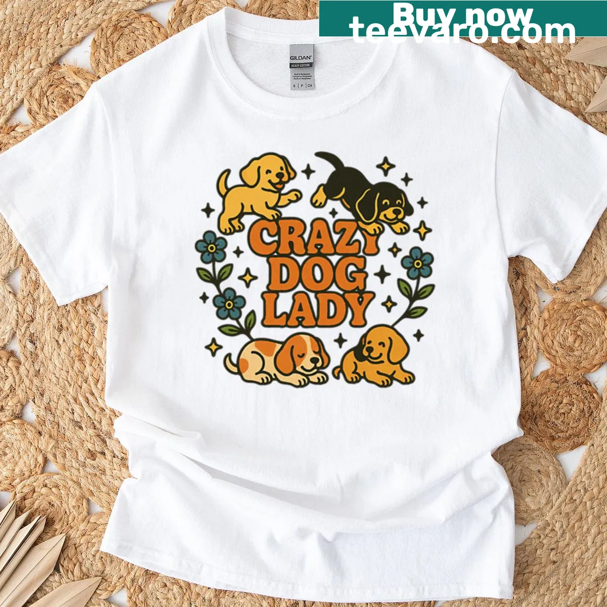 Illustration of puppies with 'Crazy Dog Lady' text on a t-shirt — on a men's t-shirt