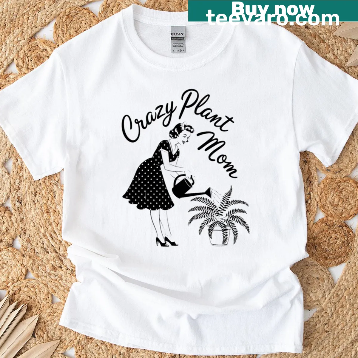 Retro plant mom graphic T-shirt with watering can — on a men's t-shirt