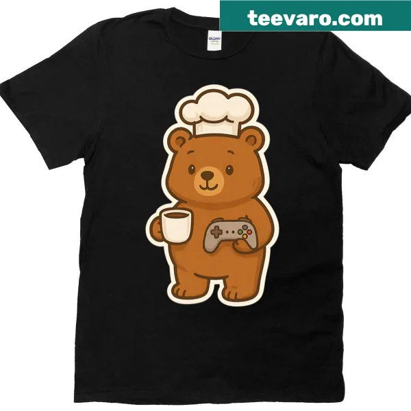 Cartoon bear engaged in creativity while gaming on t-shirt
