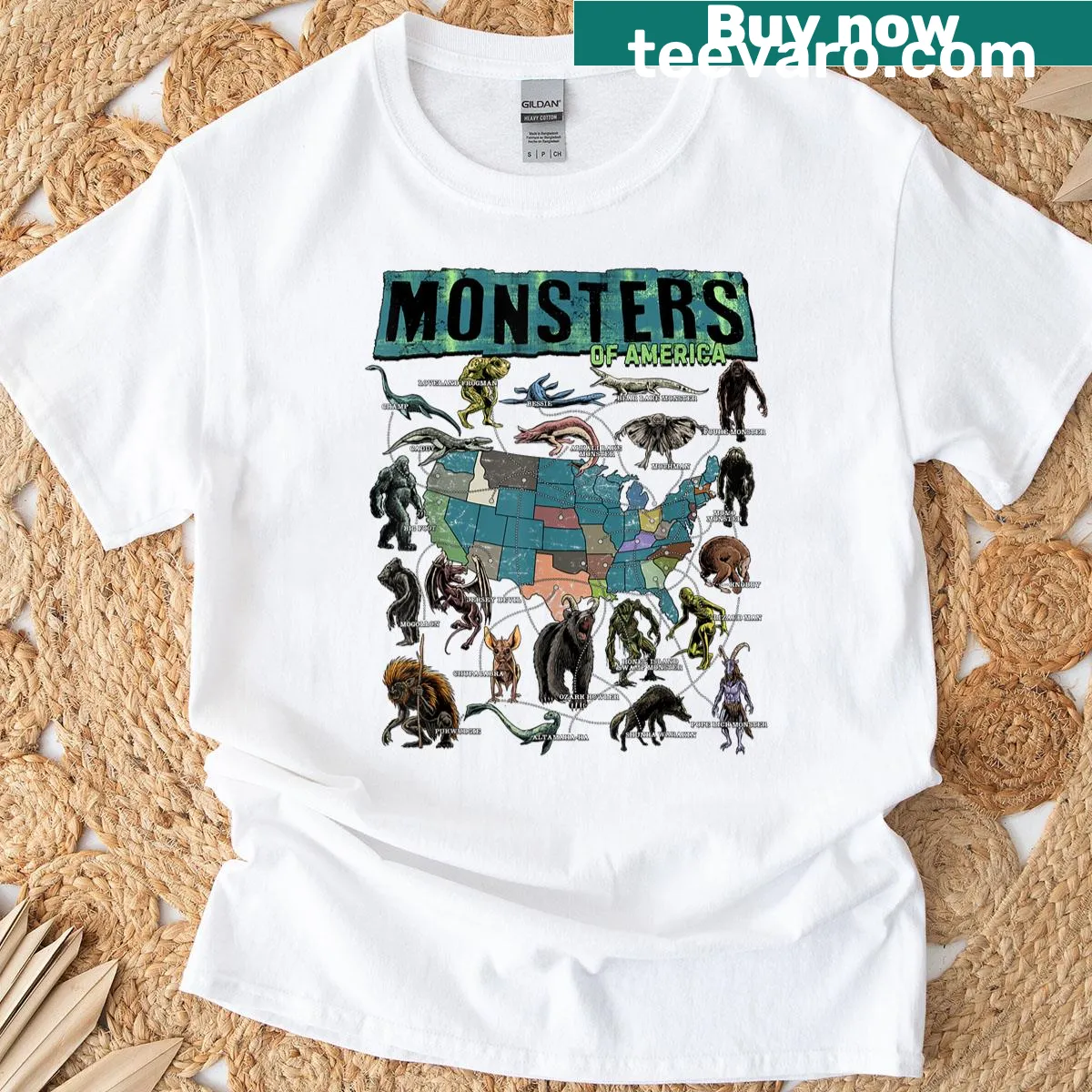 Cryptid creatures graphic T-shirt — on a men's t-shirt