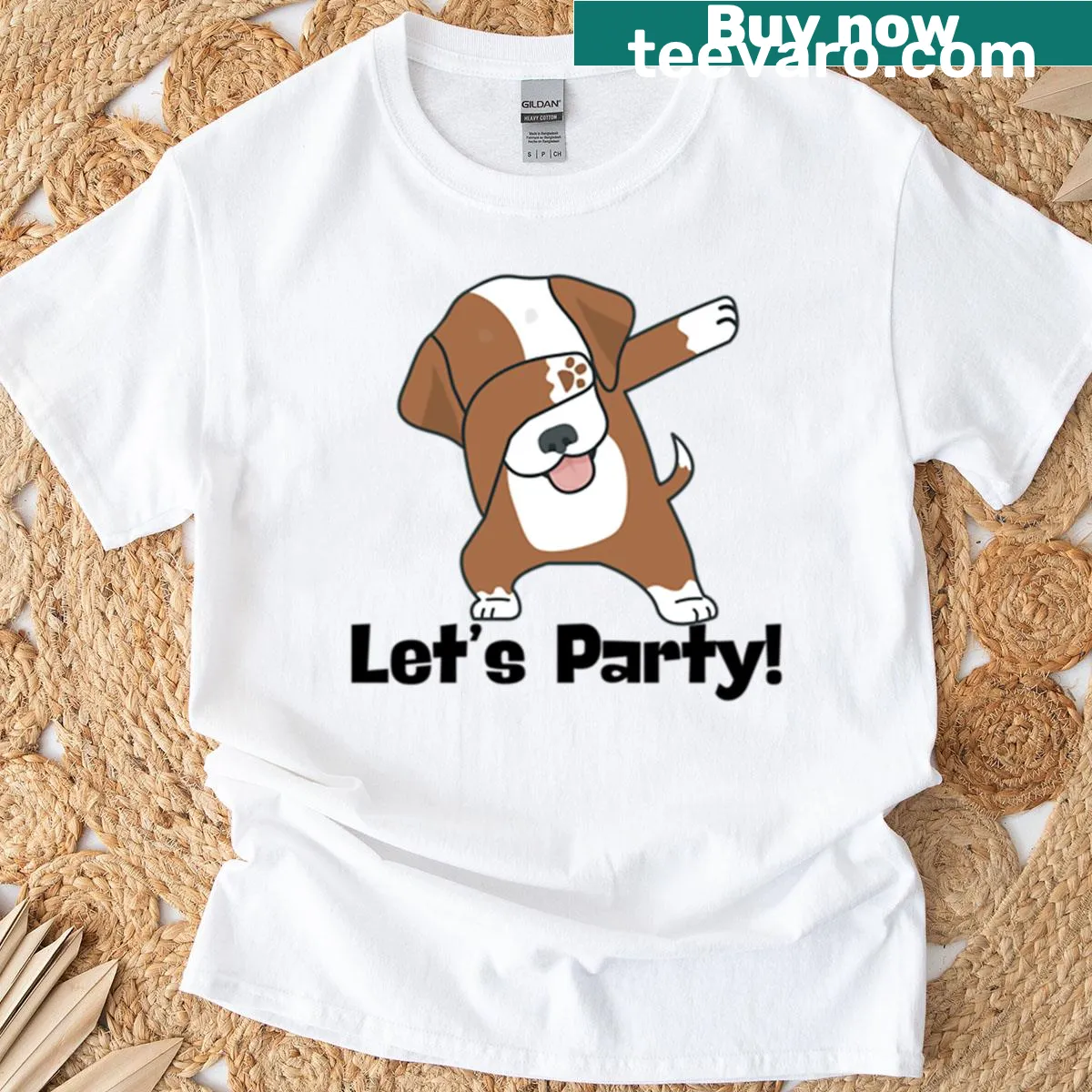 Illustration of a dabbing dog with text saying 'Let's Party!' — on a men's t-shirt