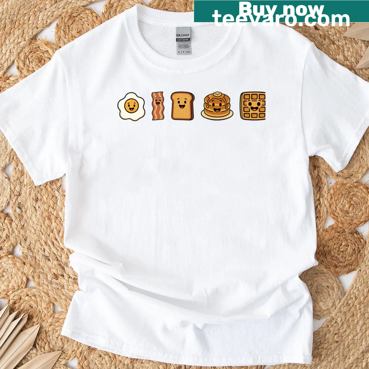Cartoon breakfast food characters: egg, bacon, toast, pancake, waffle — on a men's t-shirt