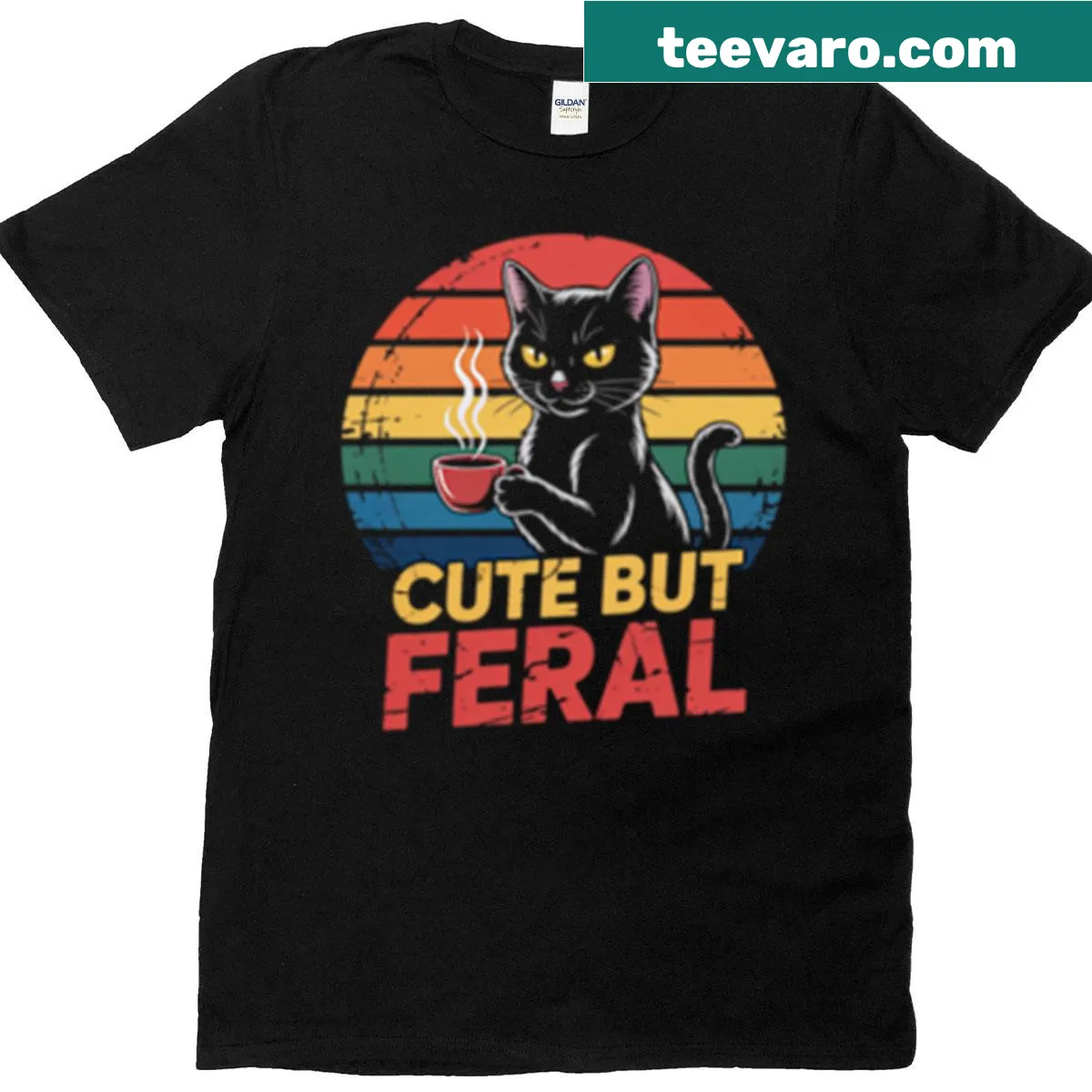 Retro black cat graphic on a humorous T-shirt design — on a men's t-shirt