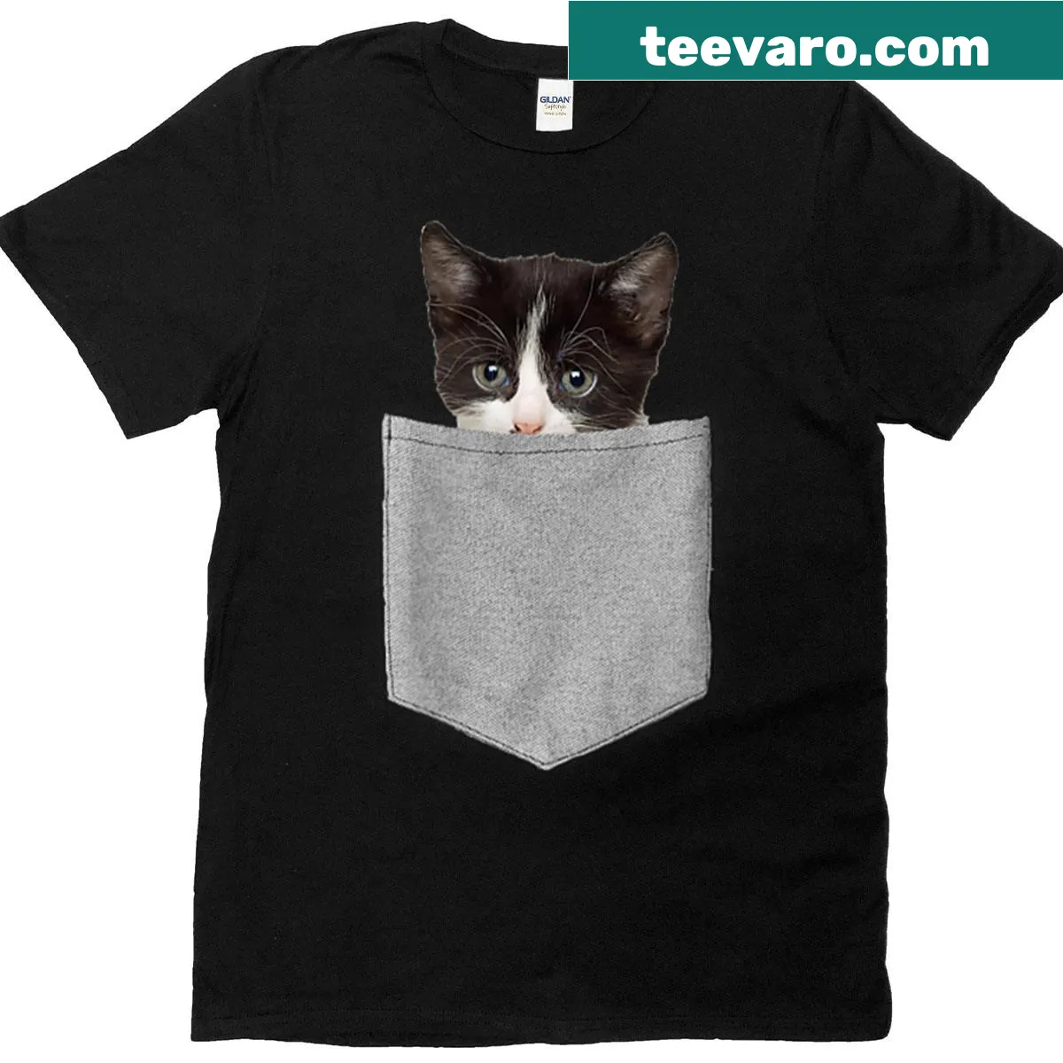 Illustrated cat peeking from a pocket on a T-shirt — on a men's t-shirt