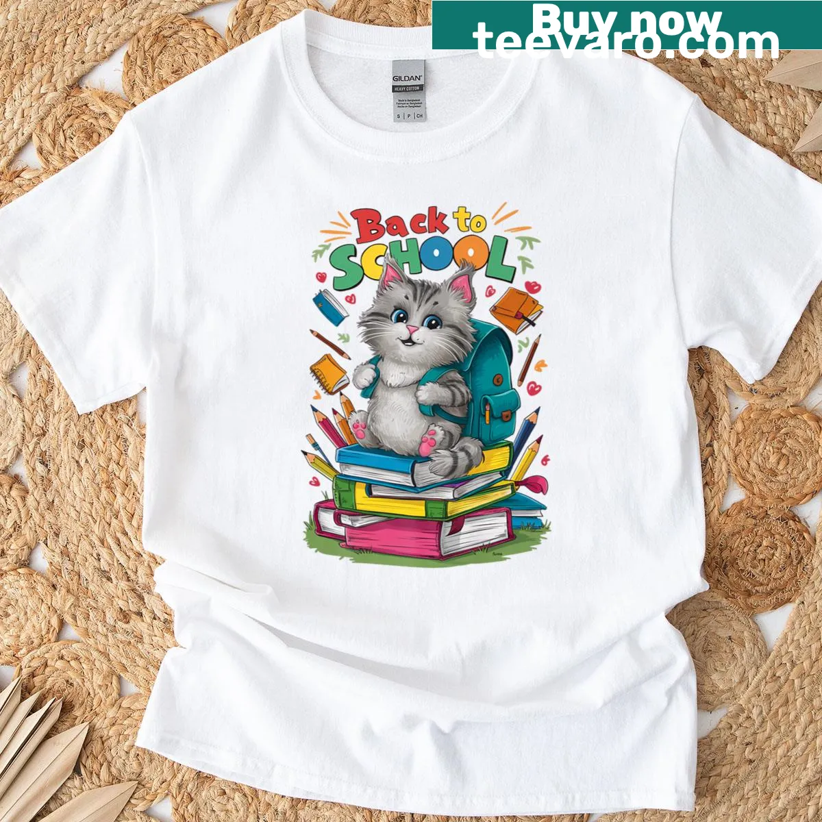 Illustrative cat student with backpack t-shirt for back to school — on a men's t-shirt