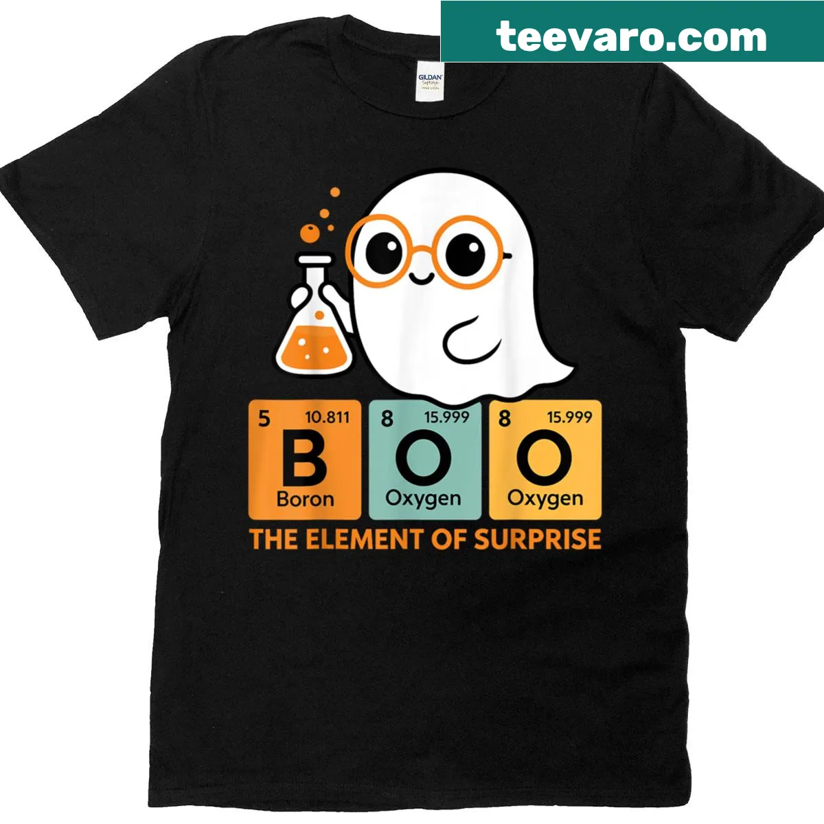 Halloween-themed shirt with a cartoon ghost and chemistry elements — on a men's t-shirt