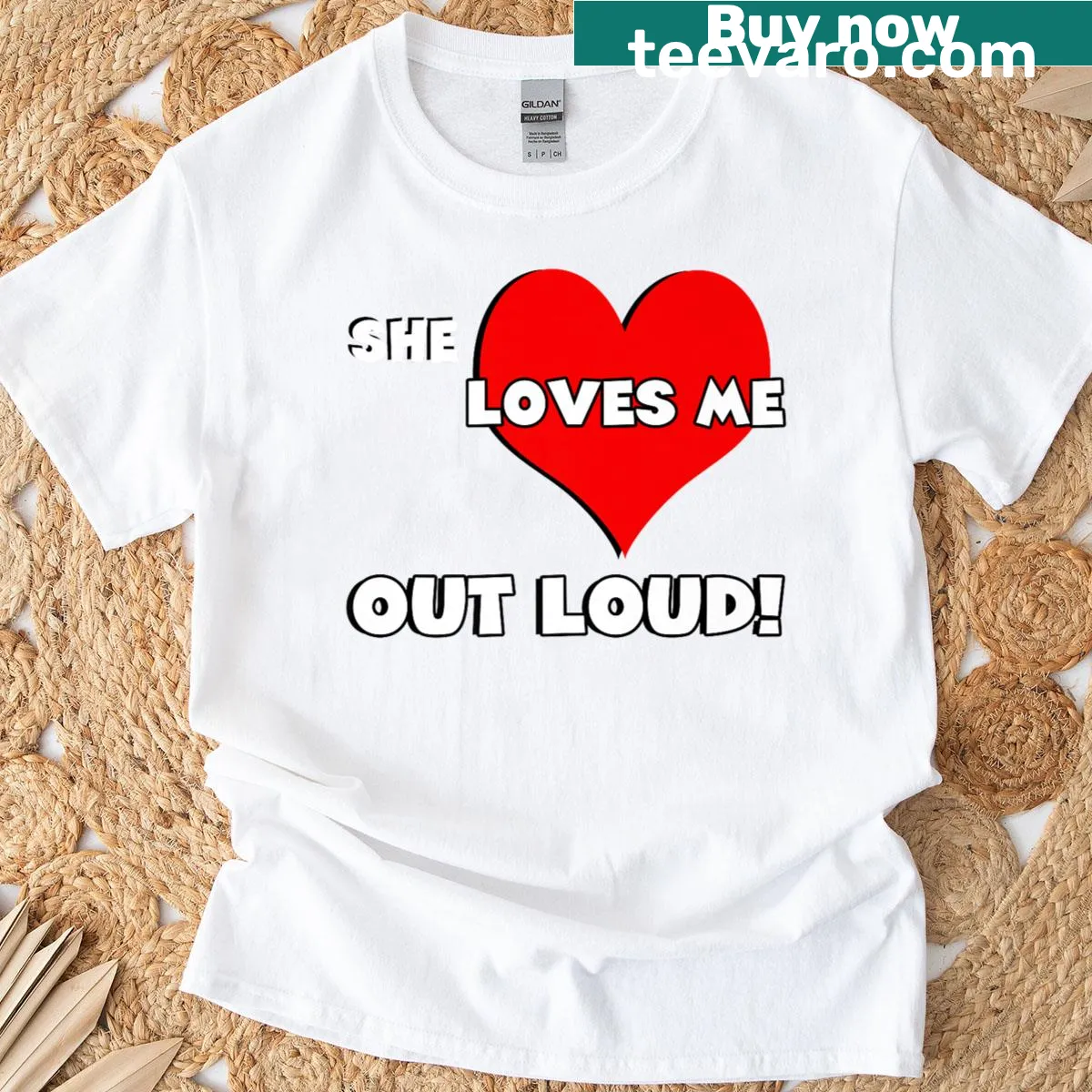 Cute typography 'She Loves Me Out Loud' with heart designs on a couple's t-shirt. — on a men's t-shirt