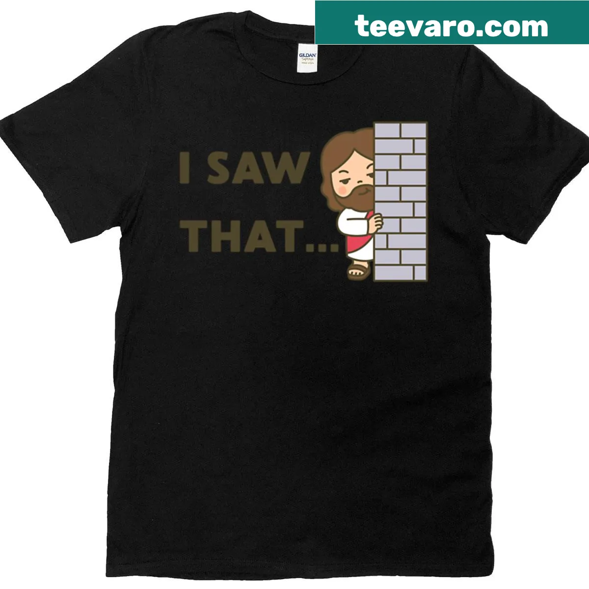 Oversized T-shirt with a cartoon of Jesus peeking humorously. — on a men's t-shirt