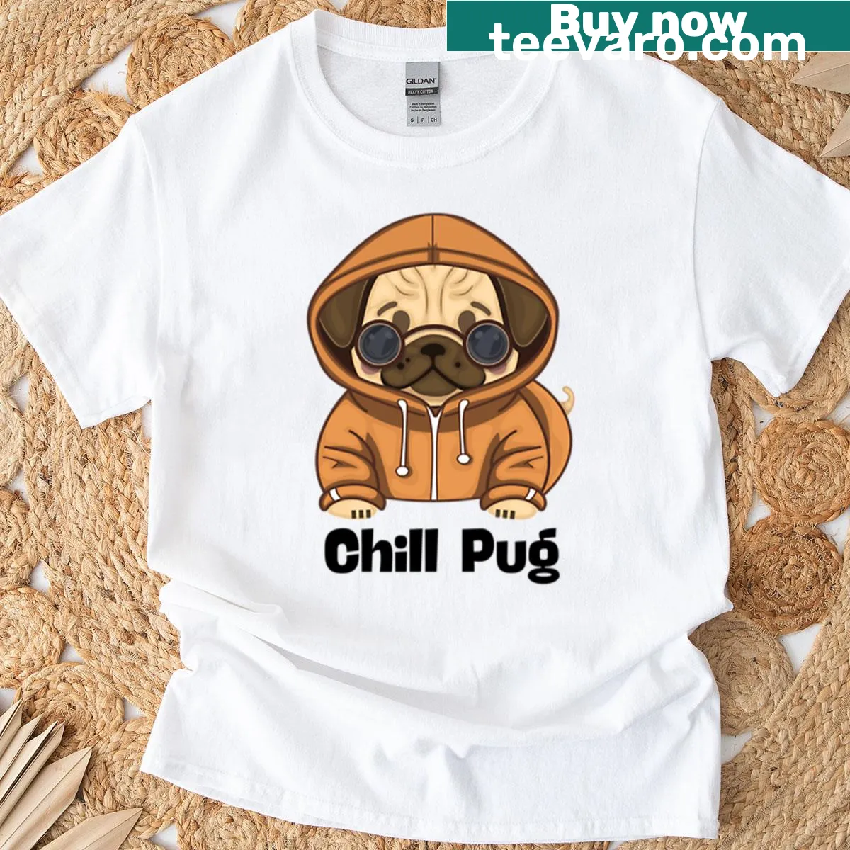 Chill Pug graphic t-shirt with a cute pug illustration and text — on a men's t-shirt