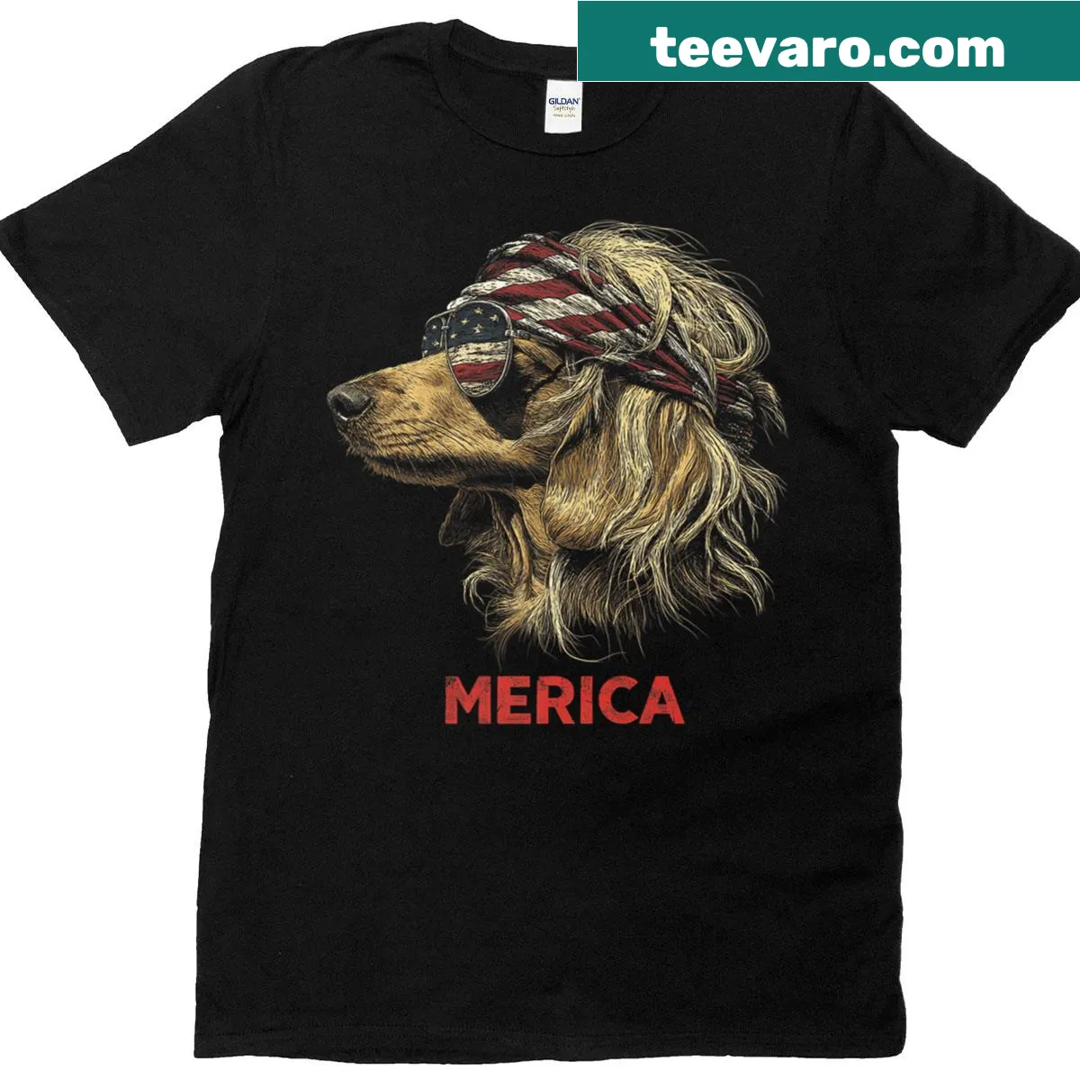 Cartoon dachshund wearing the American flag on a t-shirt — on a men's t-shirt