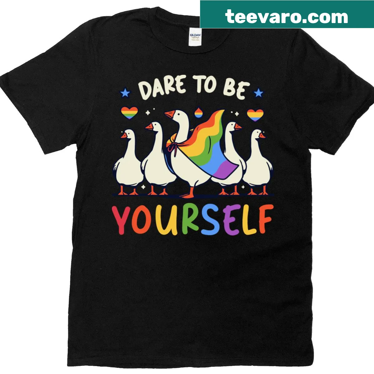 Whimsical cartoon goose with the phrase 'Dare To Be Yourself' on a T-shirt. — on a men's t-shirt