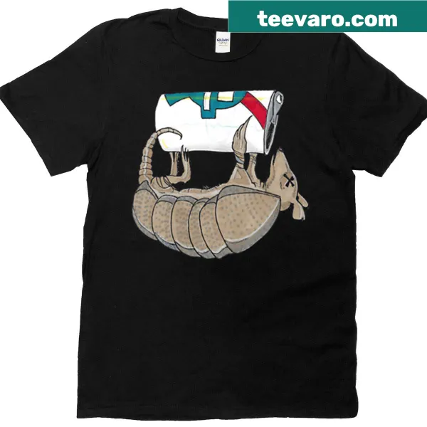 T-shirt featuring a whimsical illustration of a dead armadillo.