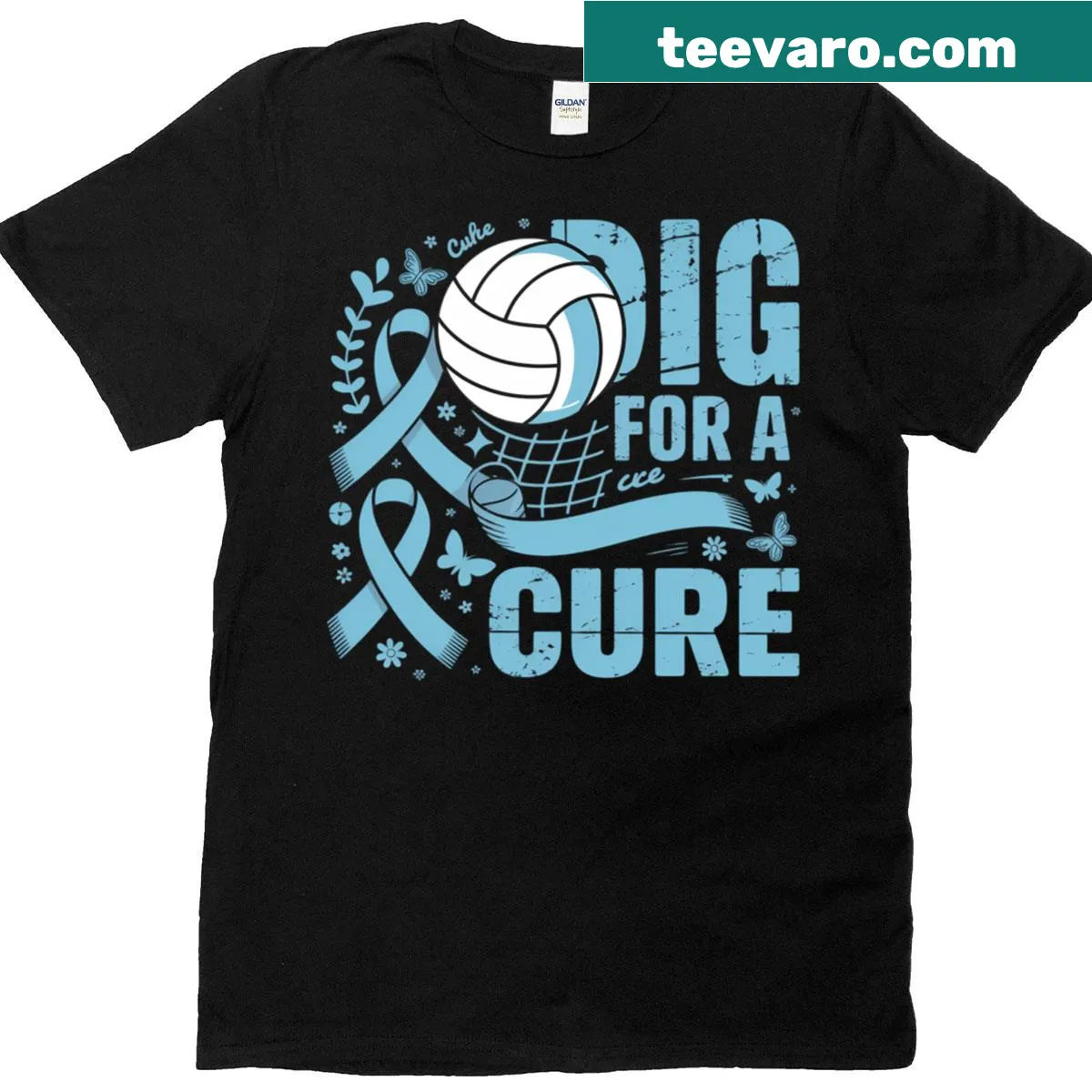 Prostate cancer awareness T-shirt with a light blue ribbon and volleyball theme. — on a men's t-shirt