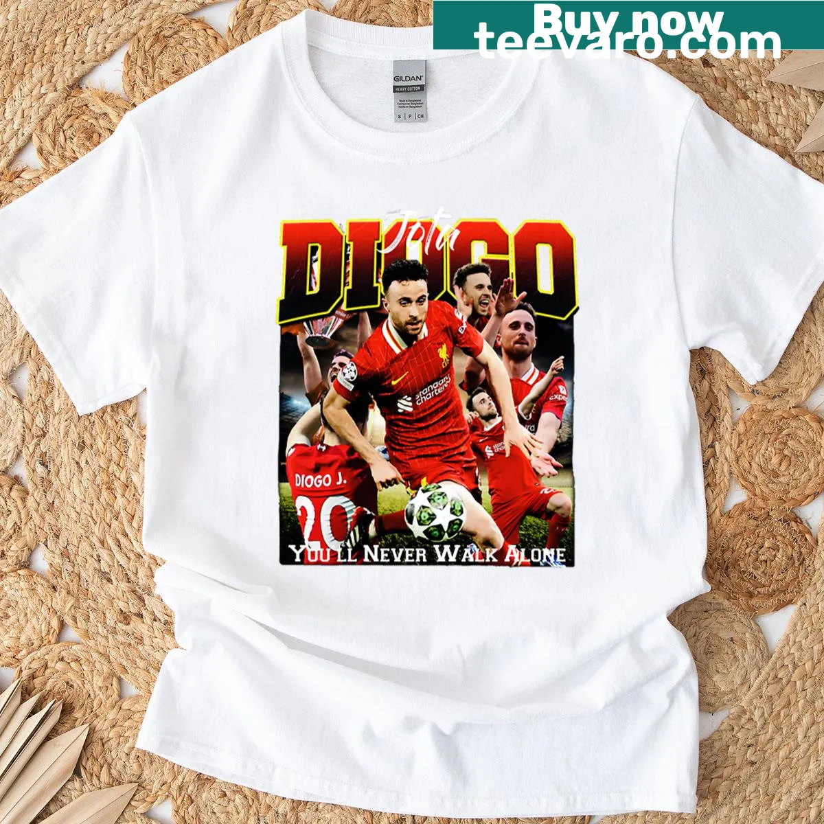 T-shirt featuring the phrase You'll Never Walk Alone and Diogo Jota's name — on a men's t-shirt