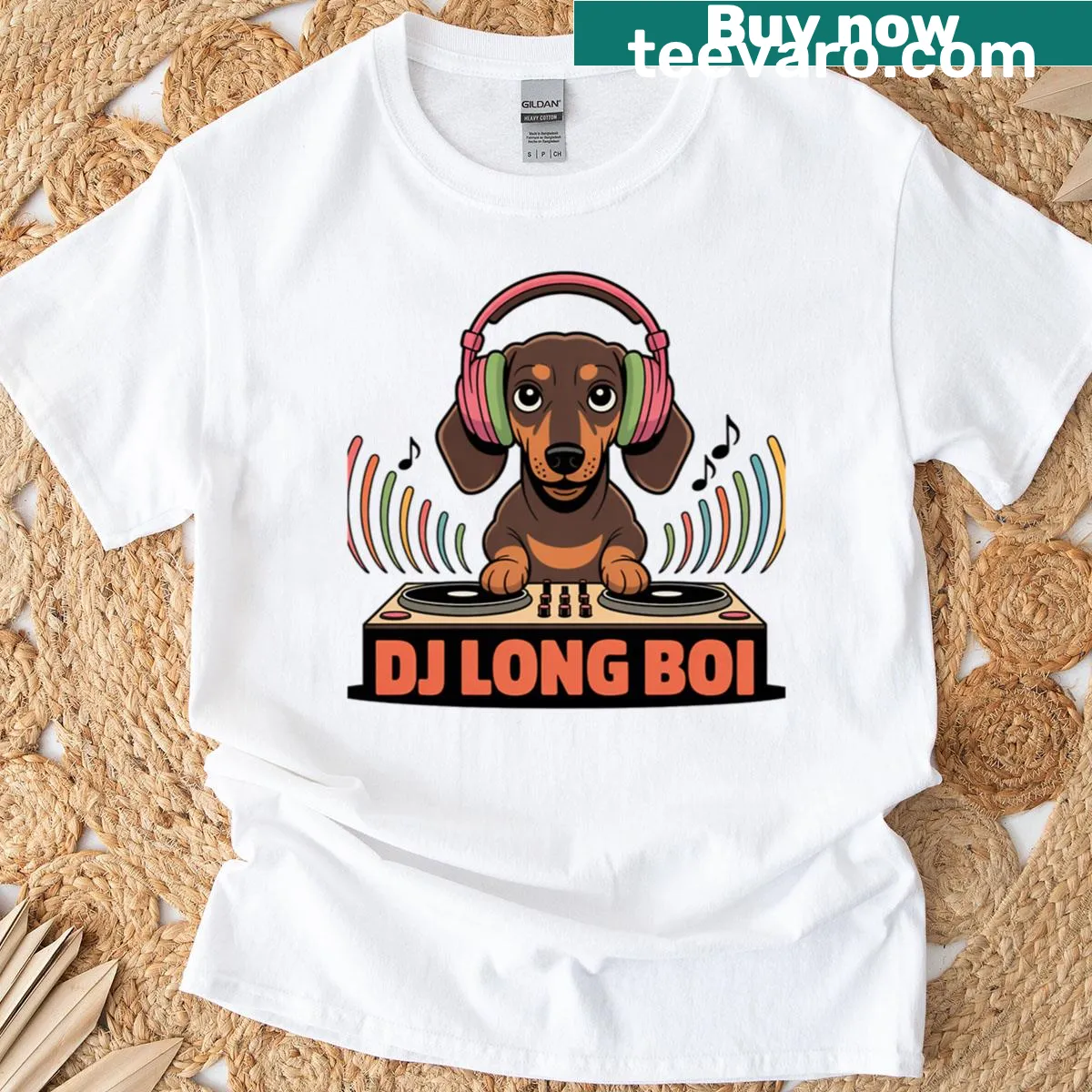 Dachshund wearing headphones t-shirt for dog lovers — on a men's t-shirt
