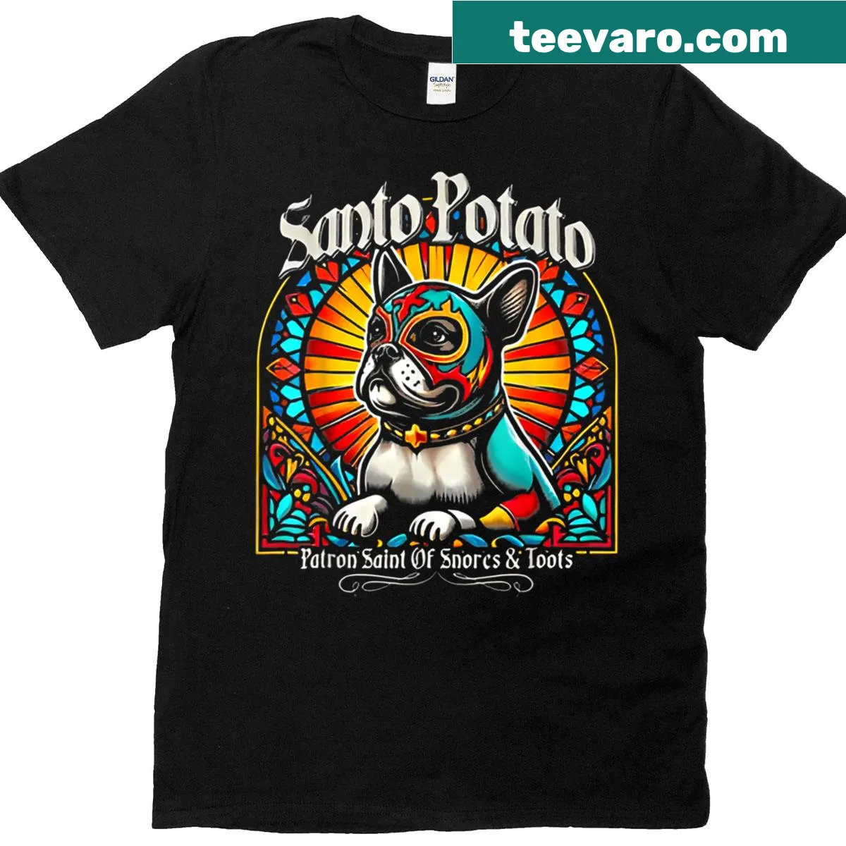 Humorous bulldog t-shirt depicting a cartoon bulldog as the Patron Saint of Snores — on a men's t-shirt